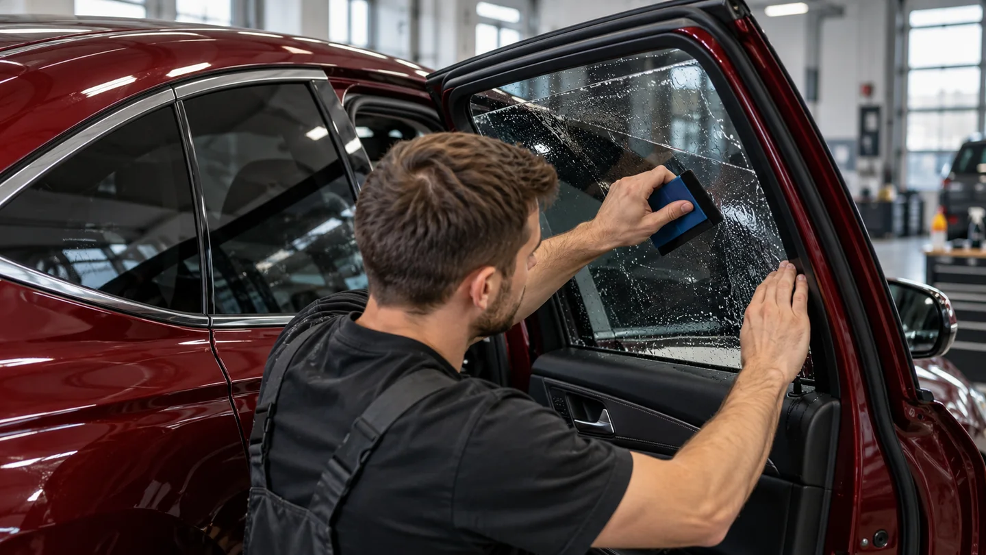 Установка тонировочной плёнки на боковое стекло бордового автомобиля — иллюстрация