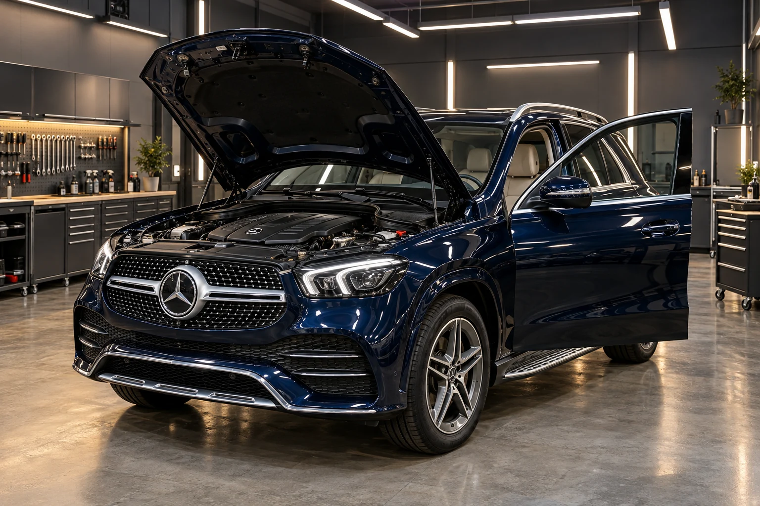 Mercedes с открытым капотом в мастерской — иллюстрация
